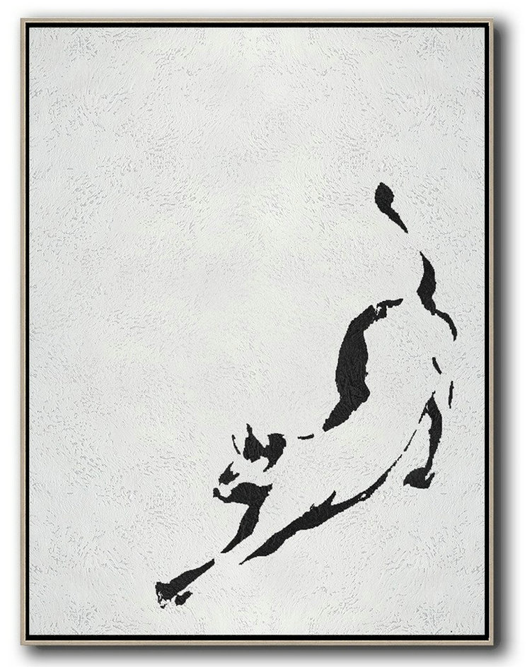 Original Abstract Painting Canvas Art,Black And White Minimal Painting On Canvas - Living Room Canvas Art
